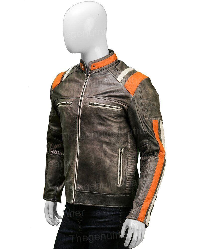 Men Cafe Racer Skull Biker Leather Jacket - Image 3