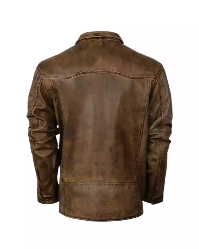 Men Distressed Brown Leather Biker Shirt Jacket - Image 2