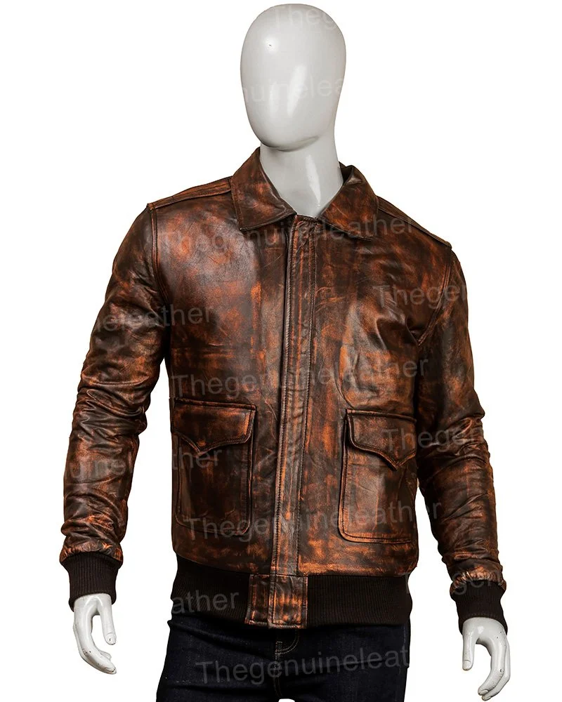 Men Distressed Brown Leather Jacket - Image 2