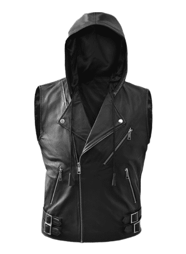 Mens Black Hooded Leather Vest